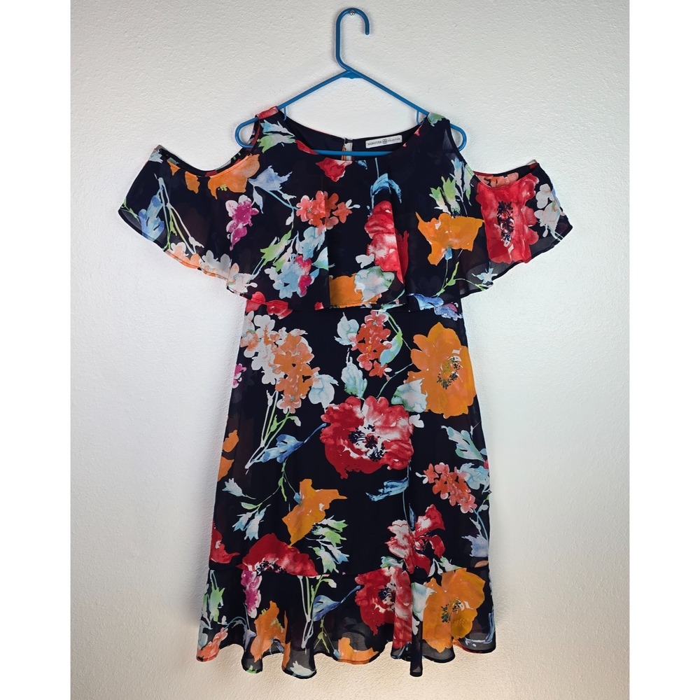 Signature Collection Floral Cold Shoulder Dress Large Navy Chiffon Ruffle